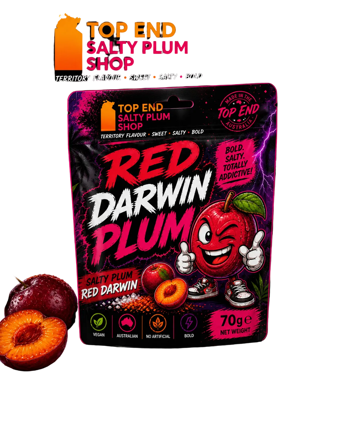 Top End Salty Plum Shop Red Darwin Plum packaging with vibrant design and sunset background.