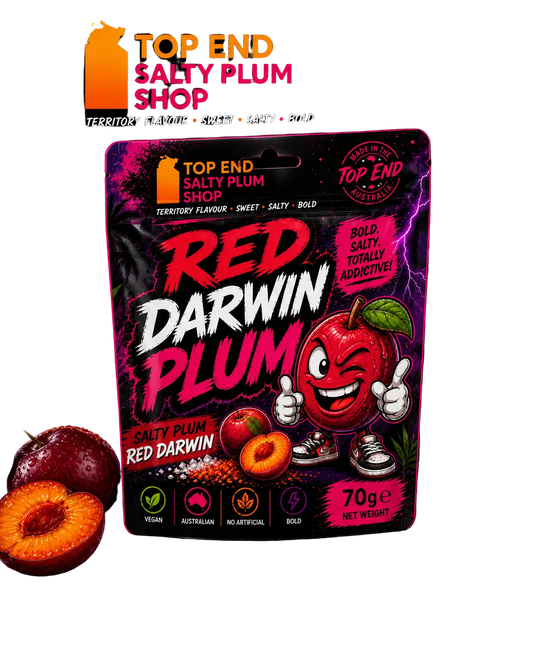 Top End Salty Plum Shop Red Darwin Plum packaging with vibrant design and sunset background.